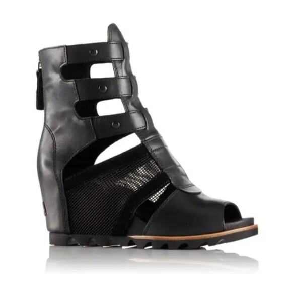 Sorel Joanie Gladiator Mesh Wedge Boot Sandals Black Leather Womens Sz 10 - Picture 1 of 14
